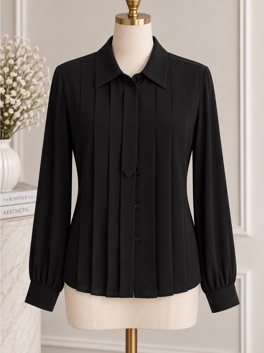 Liz Baker Black Vertical-Pleat Button Blouse